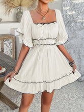 Square Neck Ruffle Trim Mini Dress Beige / S