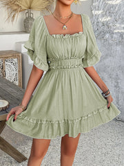 Square Neck Ruffle Trim Mini Dress Sage / S