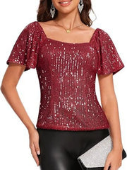 Square Neck Sequin Short Sleeve Blouse