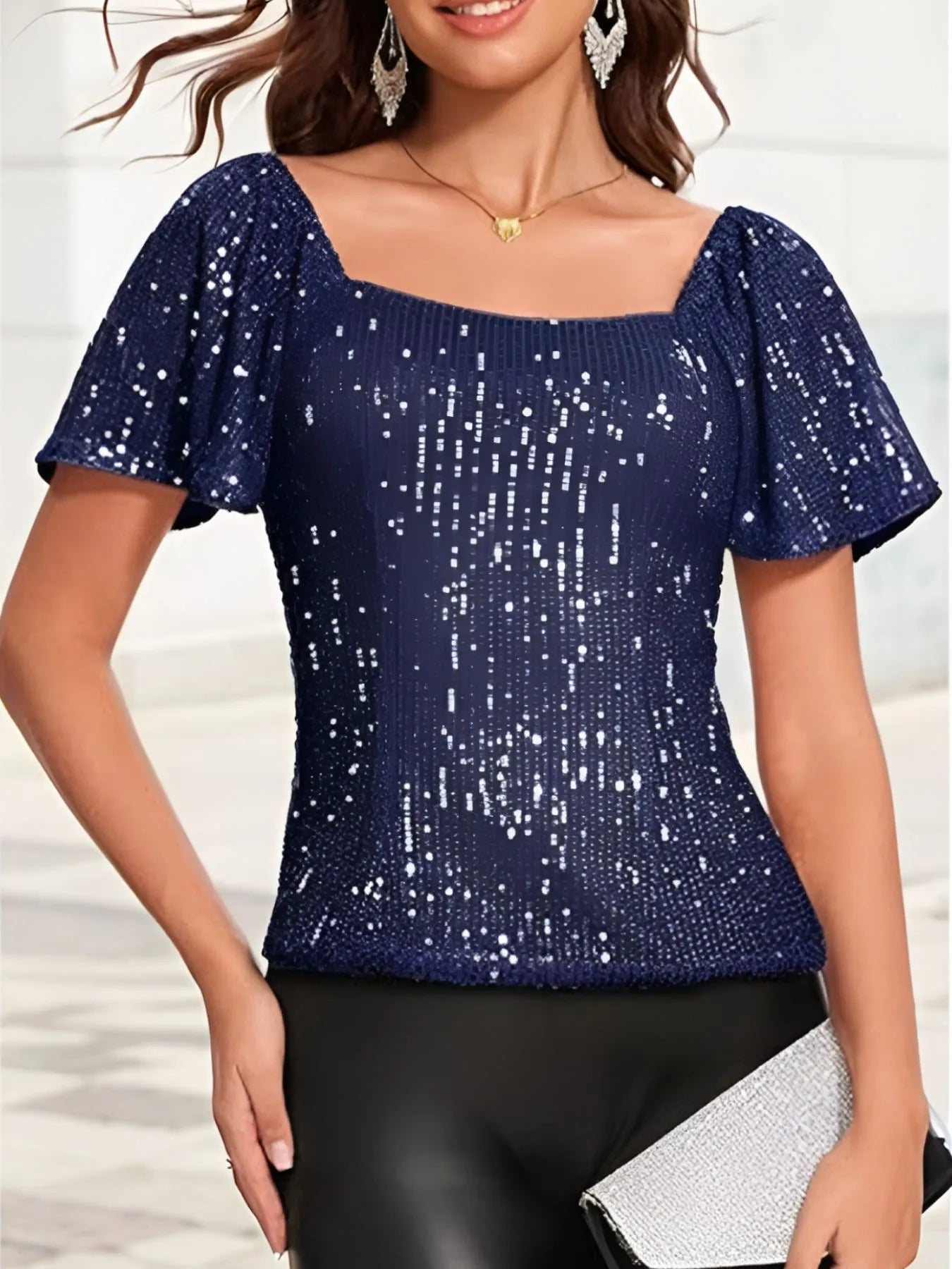 Square Neck Sequin Short Sleeve Blouse Navy Blue / S