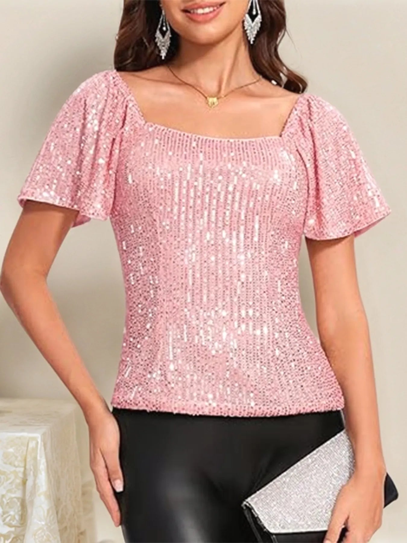 Square Neck Sequin Short Sleeve Blouse Pink / S
