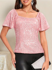 Square Neck Sequin Short Sleeve Blouse Pink / S