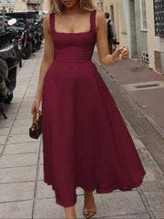 Square Neck Sleeveless Midi Dress Burgundy / S