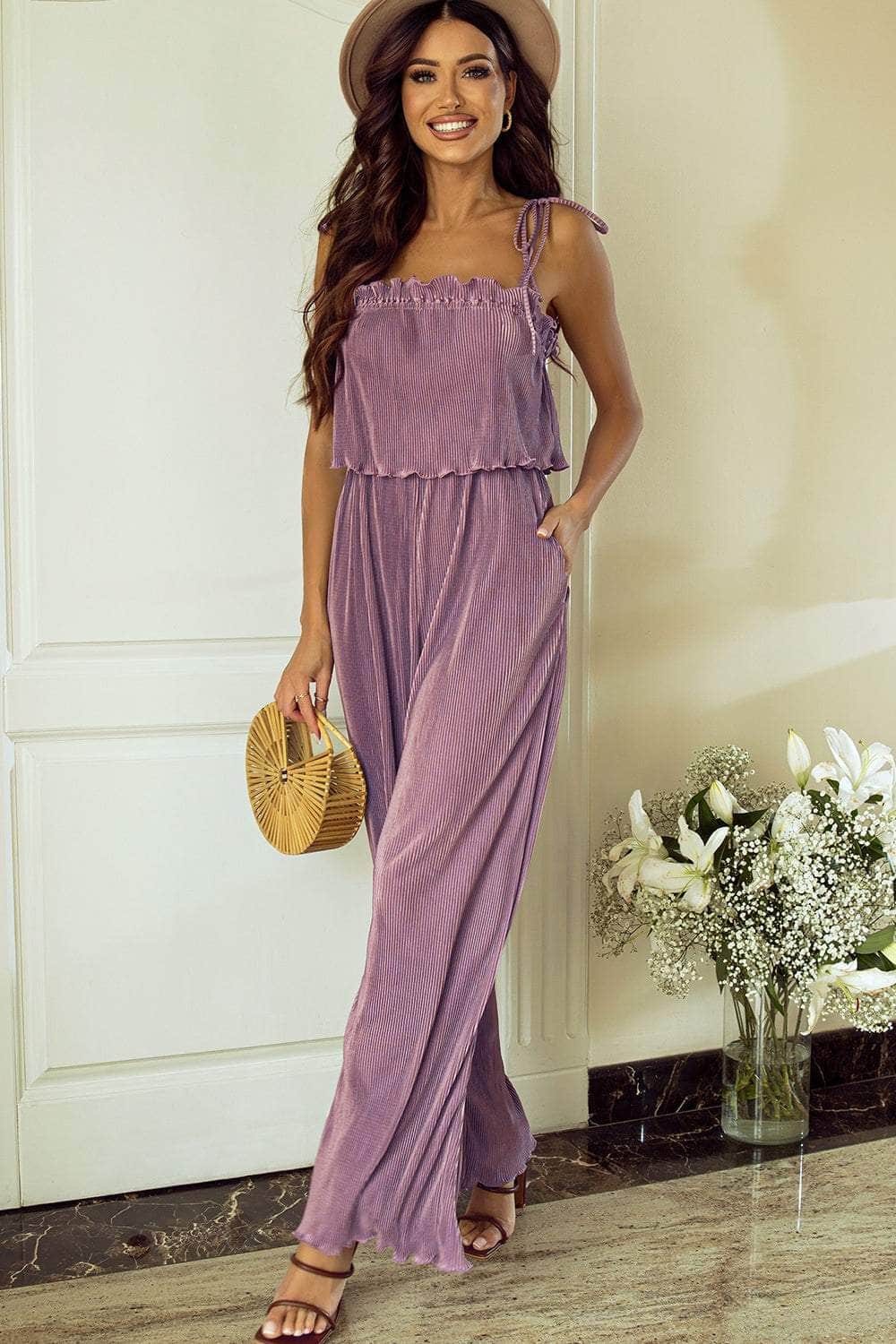 Square Neck Spaghetti Strap Jumpsuit Mauve / S