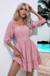 Square Neck Tie Back Ruffle Hem Dress Blush Pink / S