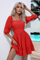 Square Neck Tie Back Ruffle Hem Dress Red / S