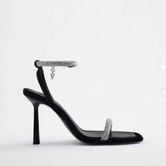 Square Toes Rhinestone Ankle Sandal Heels