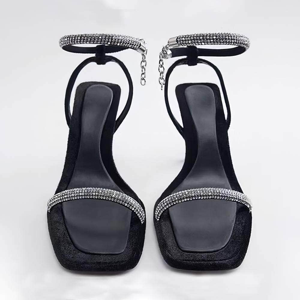 Square Toes Rhinestone Ankle Sandal Heels