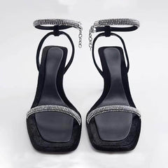 Square Toes Rhinestone Ankle Sandal Heels