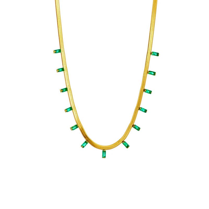 Stainless Steel Green Crystal Necklace for Women - High-Quality Gold-Colored Jewelry, Fashionable Snake Chain N1755