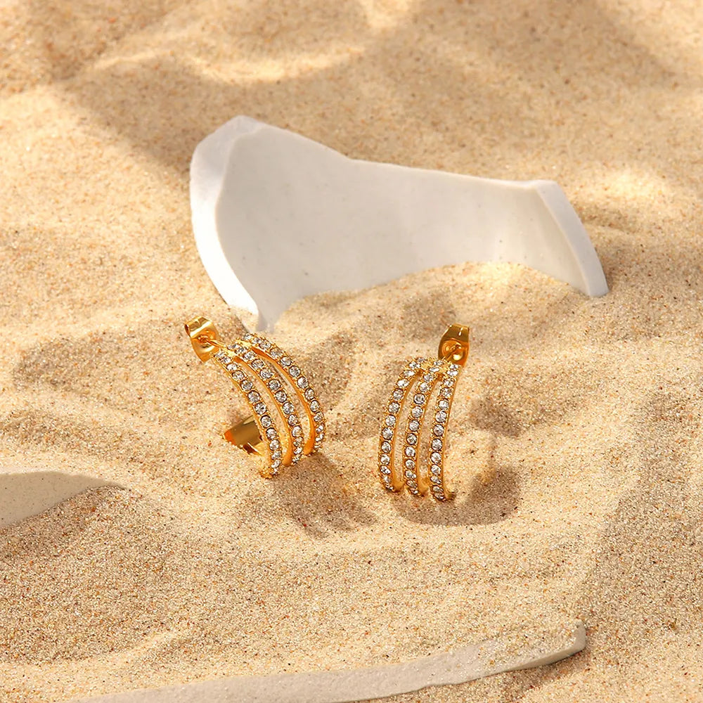 Stainless Steel Inlaid Zircon C-Hoop Earrings Gold / One Size
