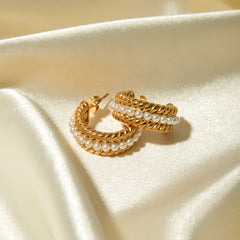 Stainless Steel Pearl C-Hoop Earrings Gold / One Size