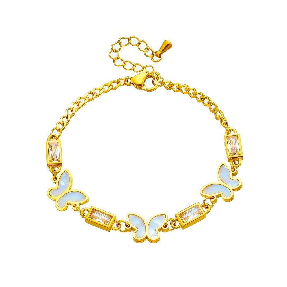 Stainless Steel White Square Crystal Butterfly Charm Bracelet B757