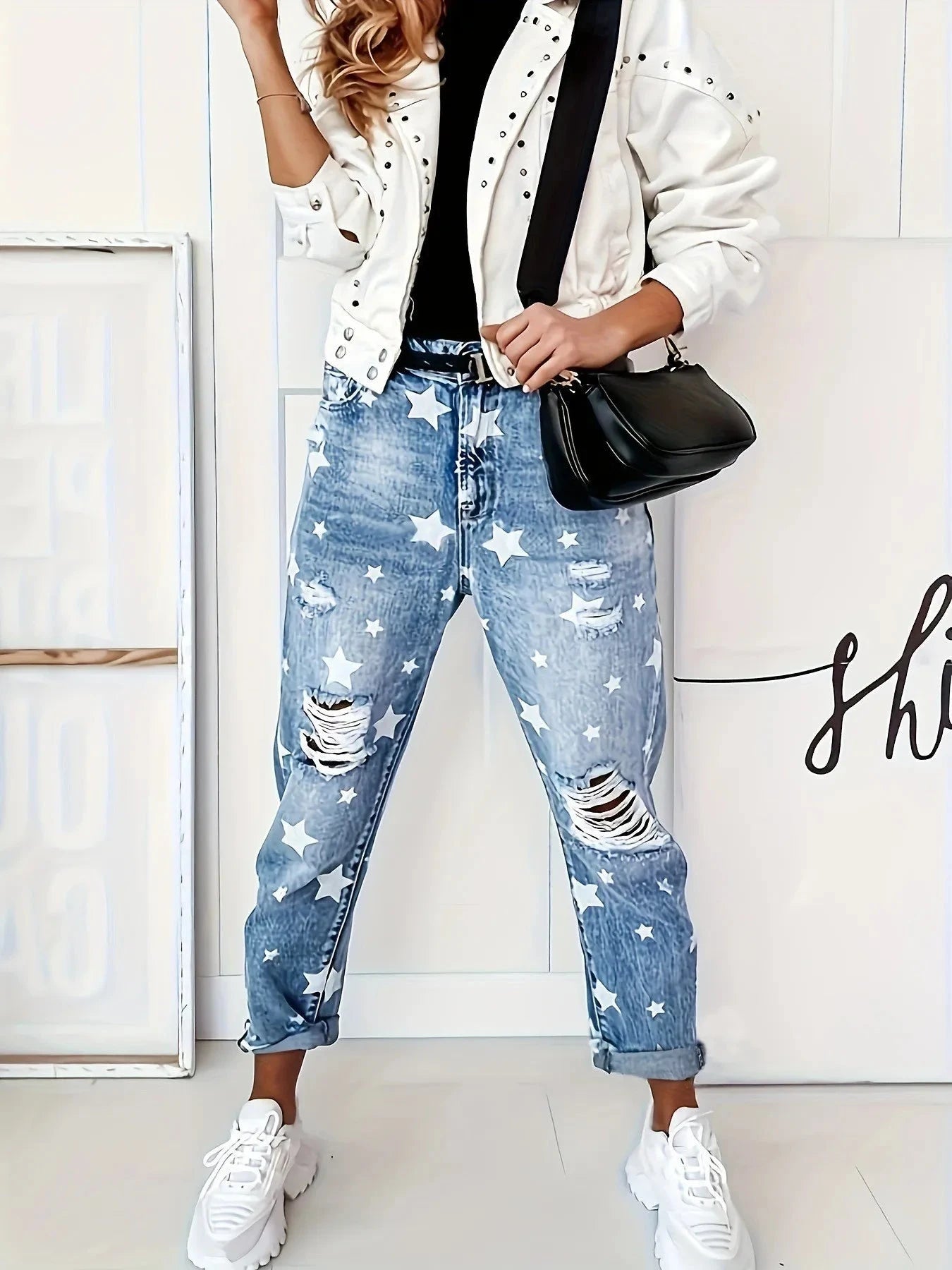 Star Print Distressed High Waist Boyfriend Jeans