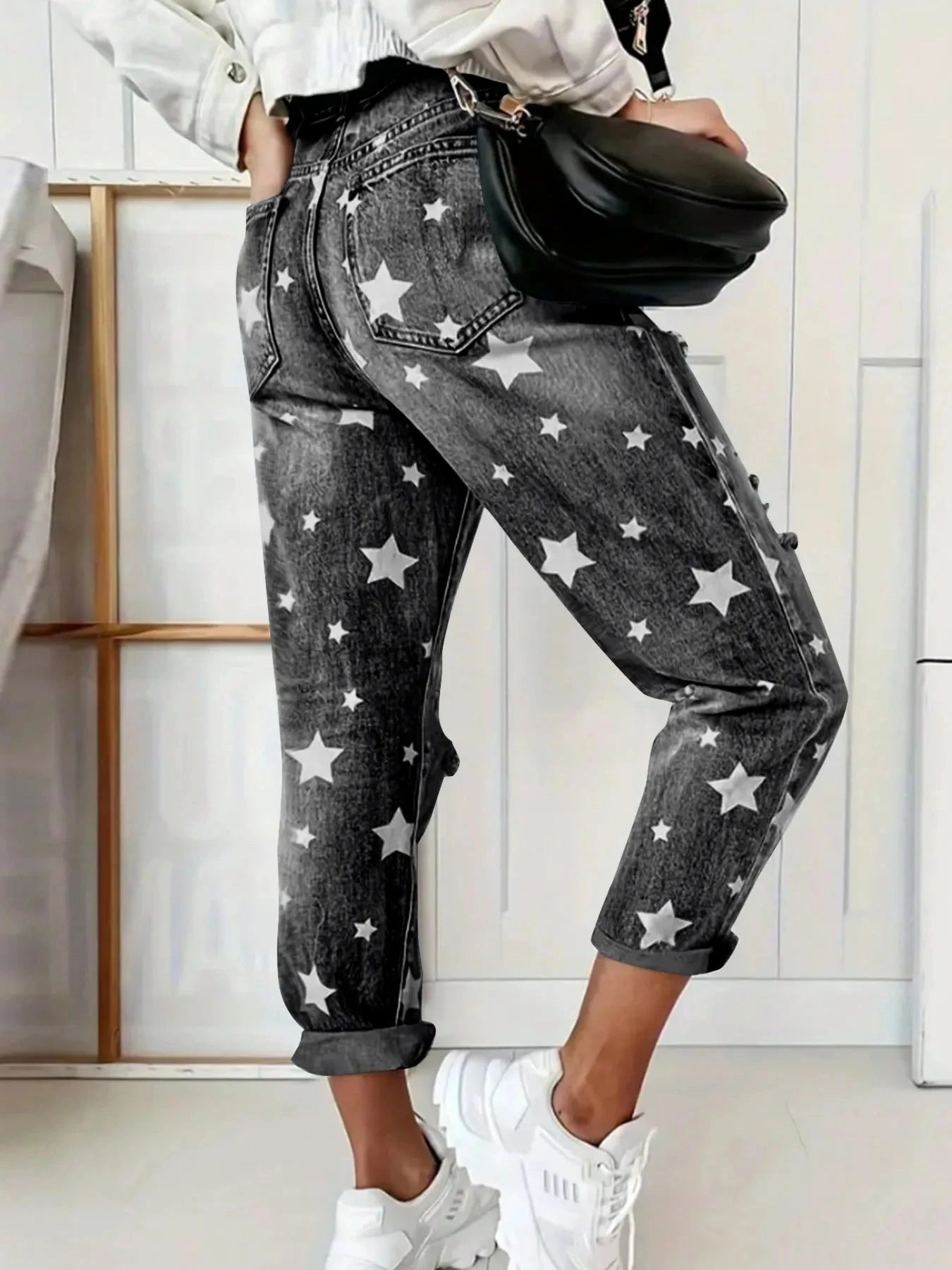 Star Print Distressed High Waist Boyfriend Jeans