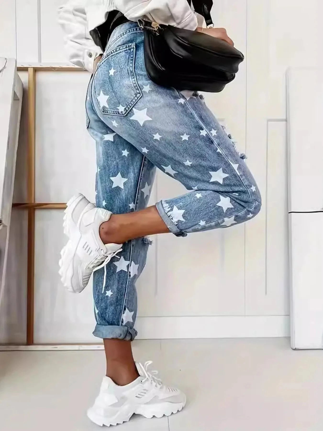Star Print Distressed High Waist Boyfriend Jeans