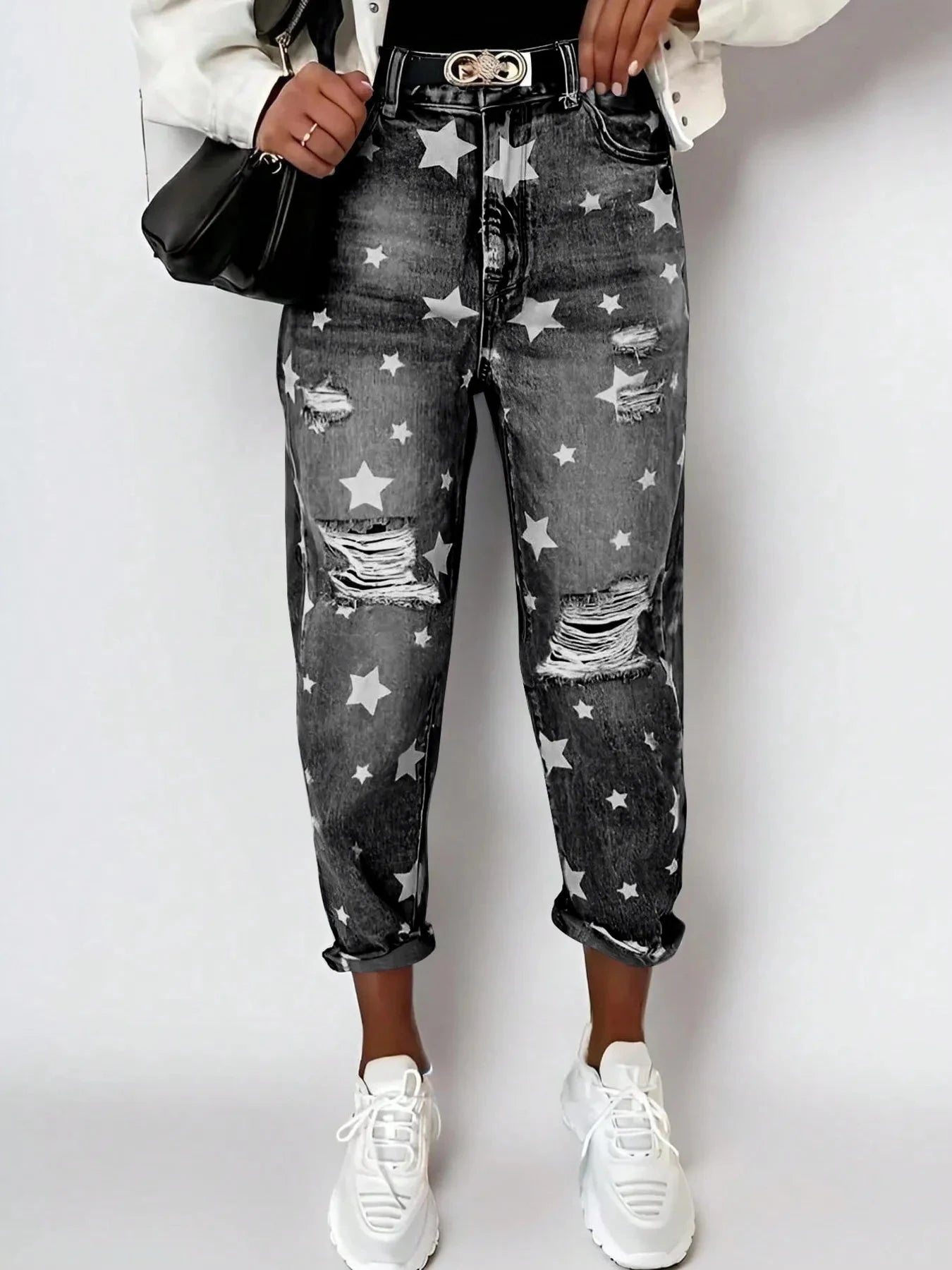 Star Print Distressed High Waist Boyfriend Jeans Dark Gray / XS