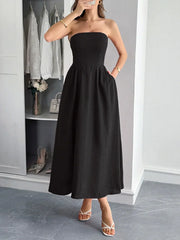 Strapless A-Line Midi Dress with Pockets Black / S