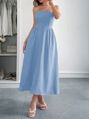 Strapless A-Line Midi Dress with Pockets Light Blue / S