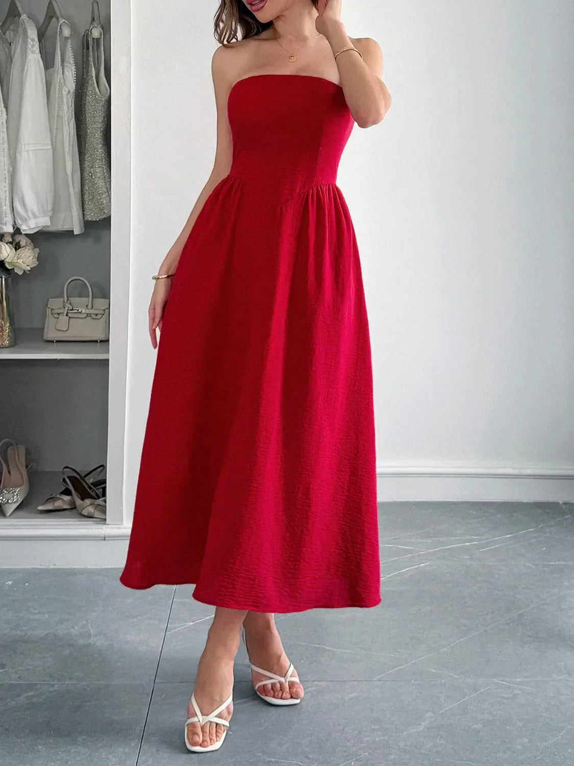 Strapless A-Line Midi Dress with Pockets Scarlet / S