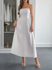 Strapless A-Line Midi Dress with Pockets White / S