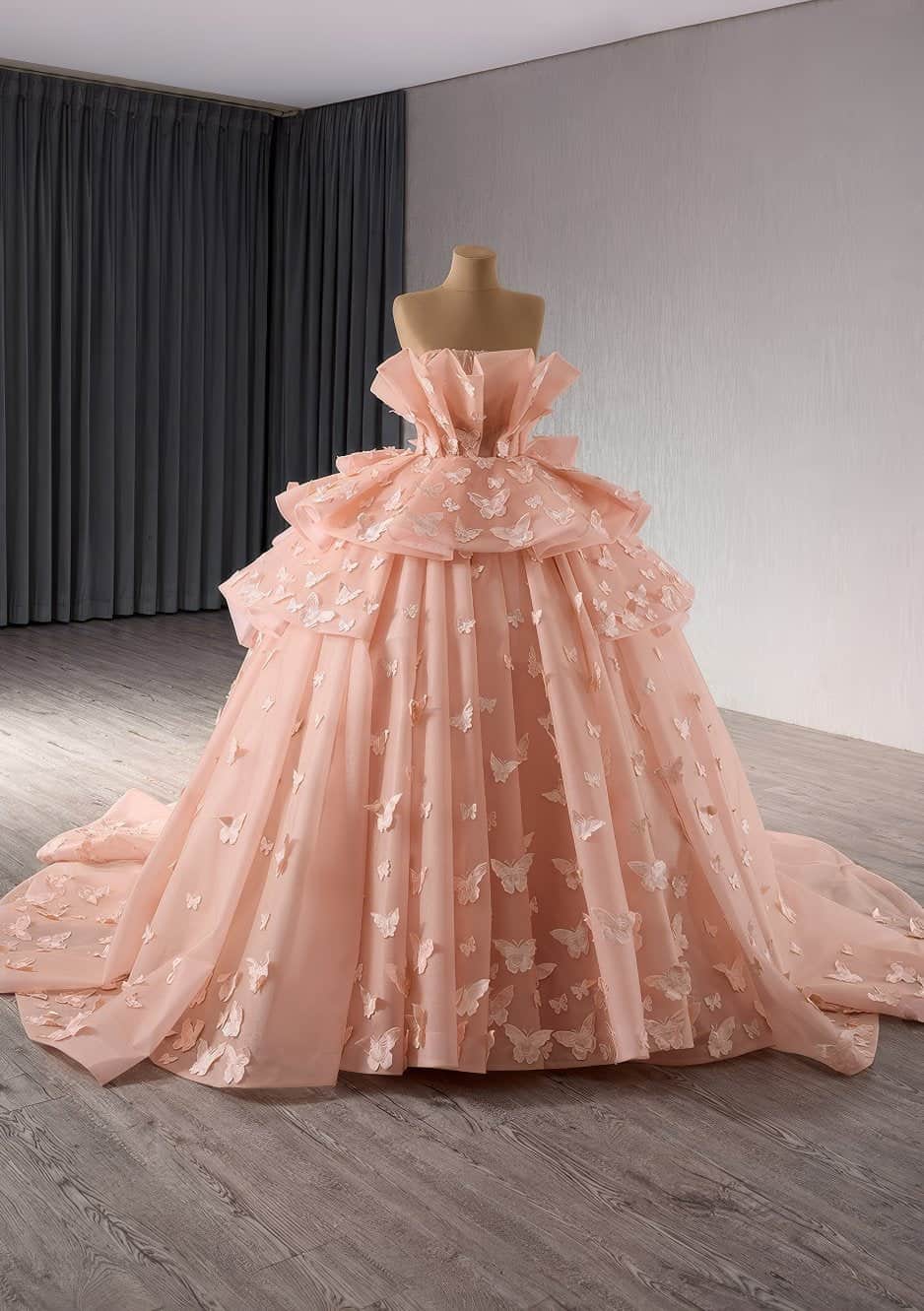 Strapless Butterfly Appliques Cascading Ruffles Prom Dresses - V4M6B US 2 / Orange