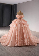 Strapless Butterfly Appliques Cascading Ruffles Prom Dresses - V4M6B US 2 / Orange
