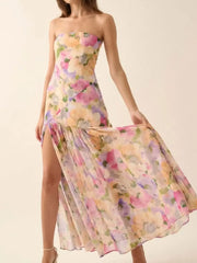 Strapless Floral Maxi Dress with Side Slit Burnt Coral / S