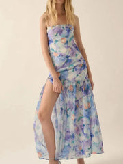 Strapless Floral Maxi Dress with Side Slit Lavender / S