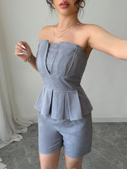 Strapless Peplum Top and Shorts Two-Piece Set Gray / S