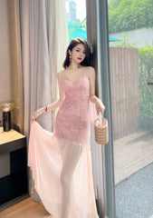 Strappy Lace Mermaid Cocktail Tulle Dress S / Pink