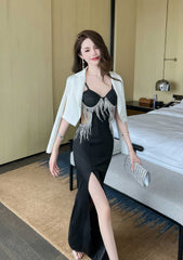 Strappy Rhinestone Embellished Cutout Slit Dress