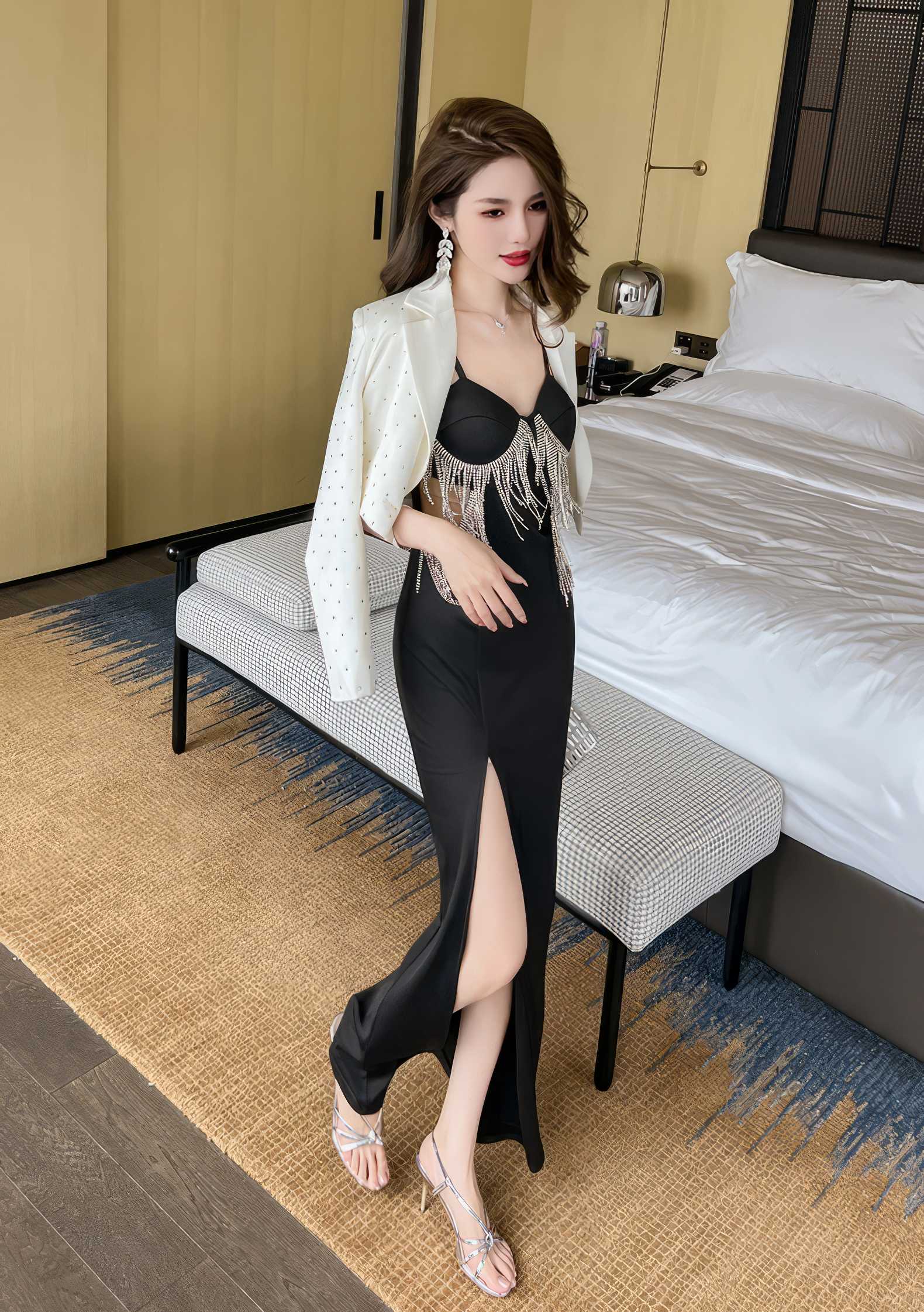 Strappy Rhinestone Embellished Cutout Slit Dress