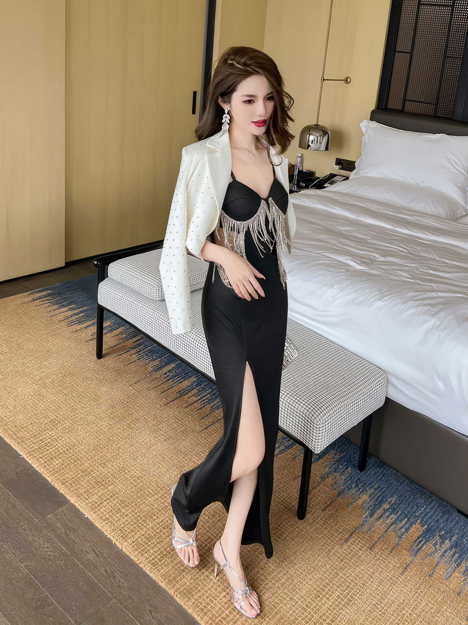 Strappy Rhinestone Embellished Cutout Slit Dress