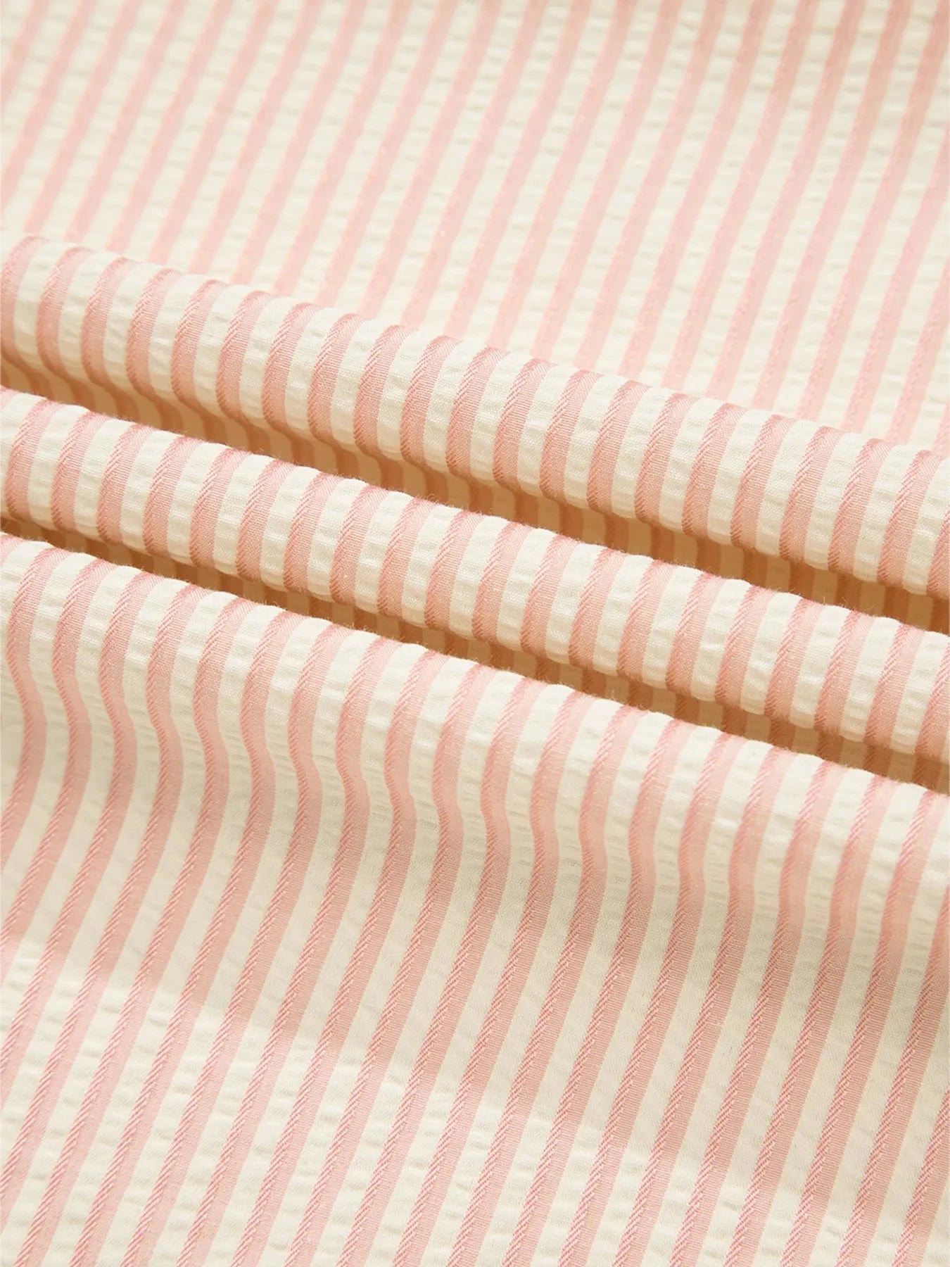 Stripe Bow Knot Cuff Pearl Embellished Puff Sleeve V Neck Blouse