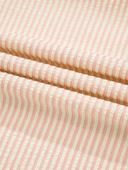 Stripe Bow Knot Cuff Pearl Embellished Puff Sleeve V Neck Blouse