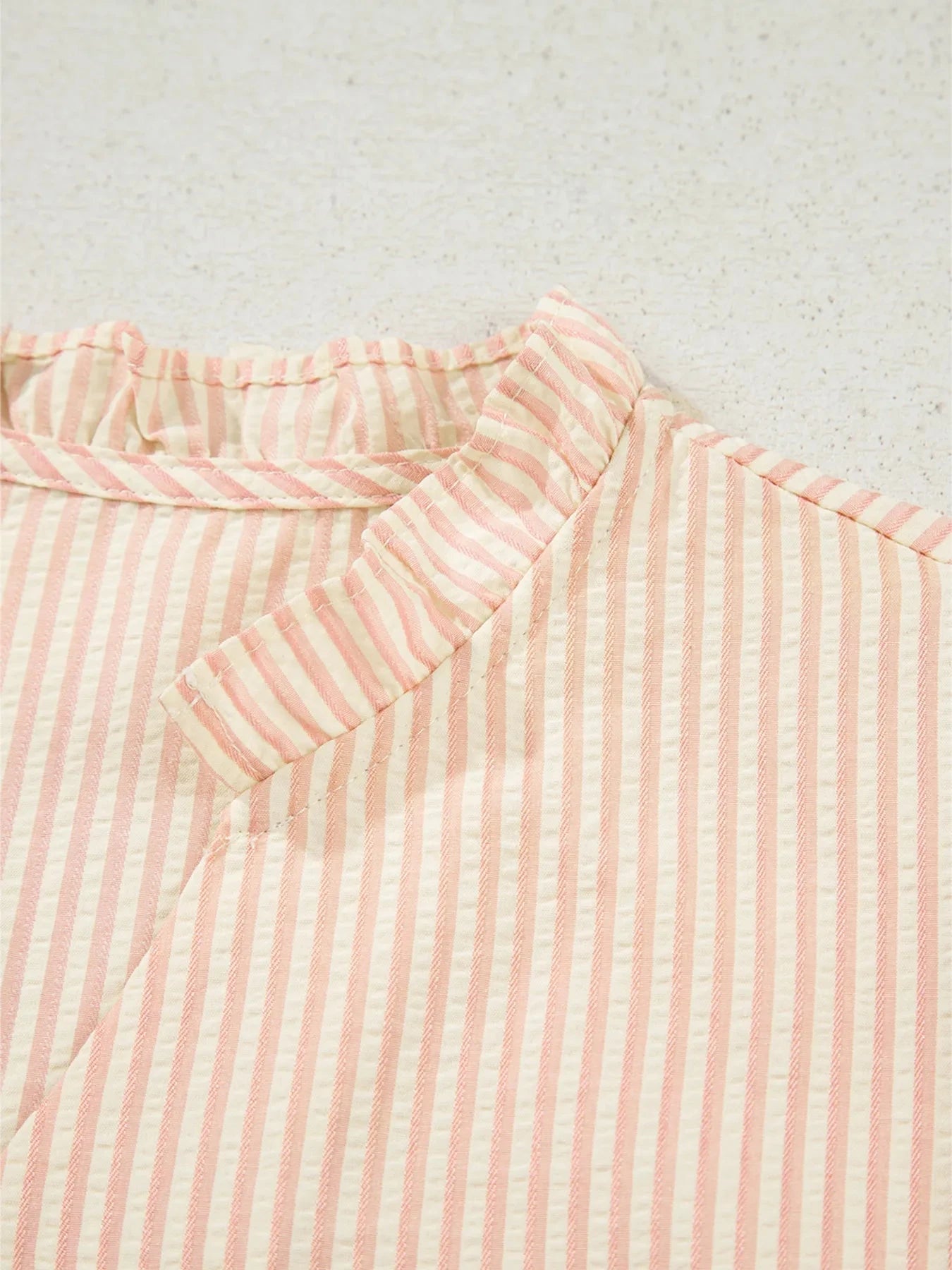 Stripe Bow Knot Cuff Pearl Embellished Puff Sleeve V Neck Blouse