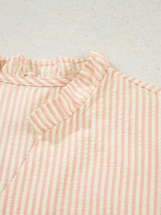 Stripe Bow Knot Cuff Pearl Embellished Puff Sleeve V Neck Blouse