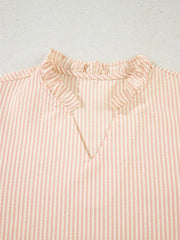 Stripe Bow Knot Cuff Pearl Embellished Puff Sleeve V Neck Blouse