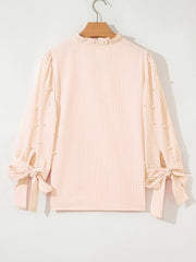 Stripe Bow Knot Cuff Pearl Embellished Puff Sleeve V Neck Blouse