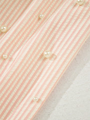 Stripe Bow Knot Cuff Pearl Embellished Puff Sleeve V Neck Blouse