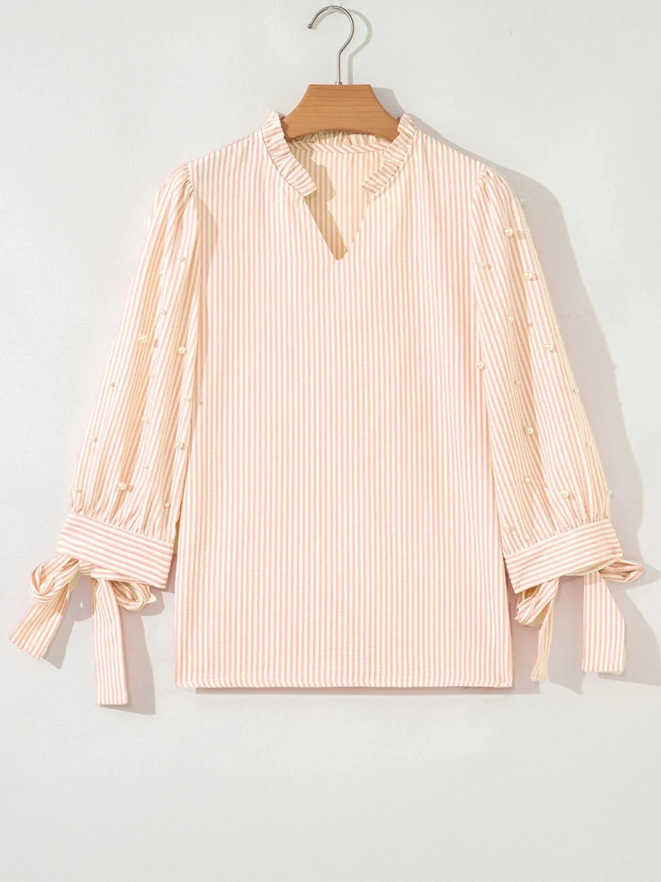 Stripe Bow Knot Cuff Pearl Embellished Puff Sleeve V Neck Blouse
