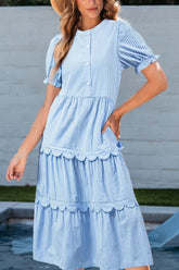 Stripe Bubble Short Sleeve Tiered Scallop Midi Dress Light Blue / S