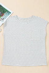 Stripe Cap Sleeve Crew Neck Casual Tee with Chest Pocket