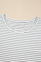 Stripe Cap Sleeve Crew Neck Casual Tee with Chest Pocket