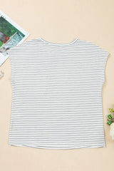 Stripe Cap Sleeve Crew Neck Casual Tee with Chest Pocket