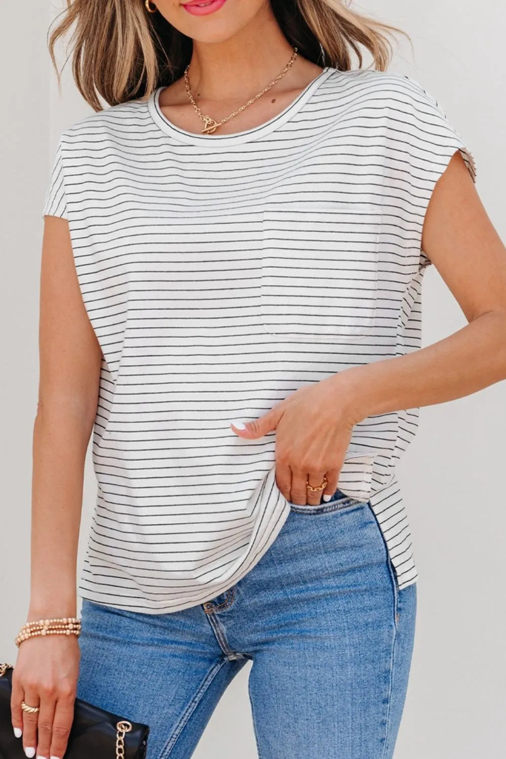 Stripe Cap Sleeve Crew Neck Casual Tee with Chest Pocket White / S