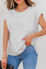 Stripe Cap Sleeve Crew Neck Casual Tee with Chest Pocket White / S