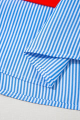 Stripe Collar V Neck Cuffed Dolman Short Sleeve Top