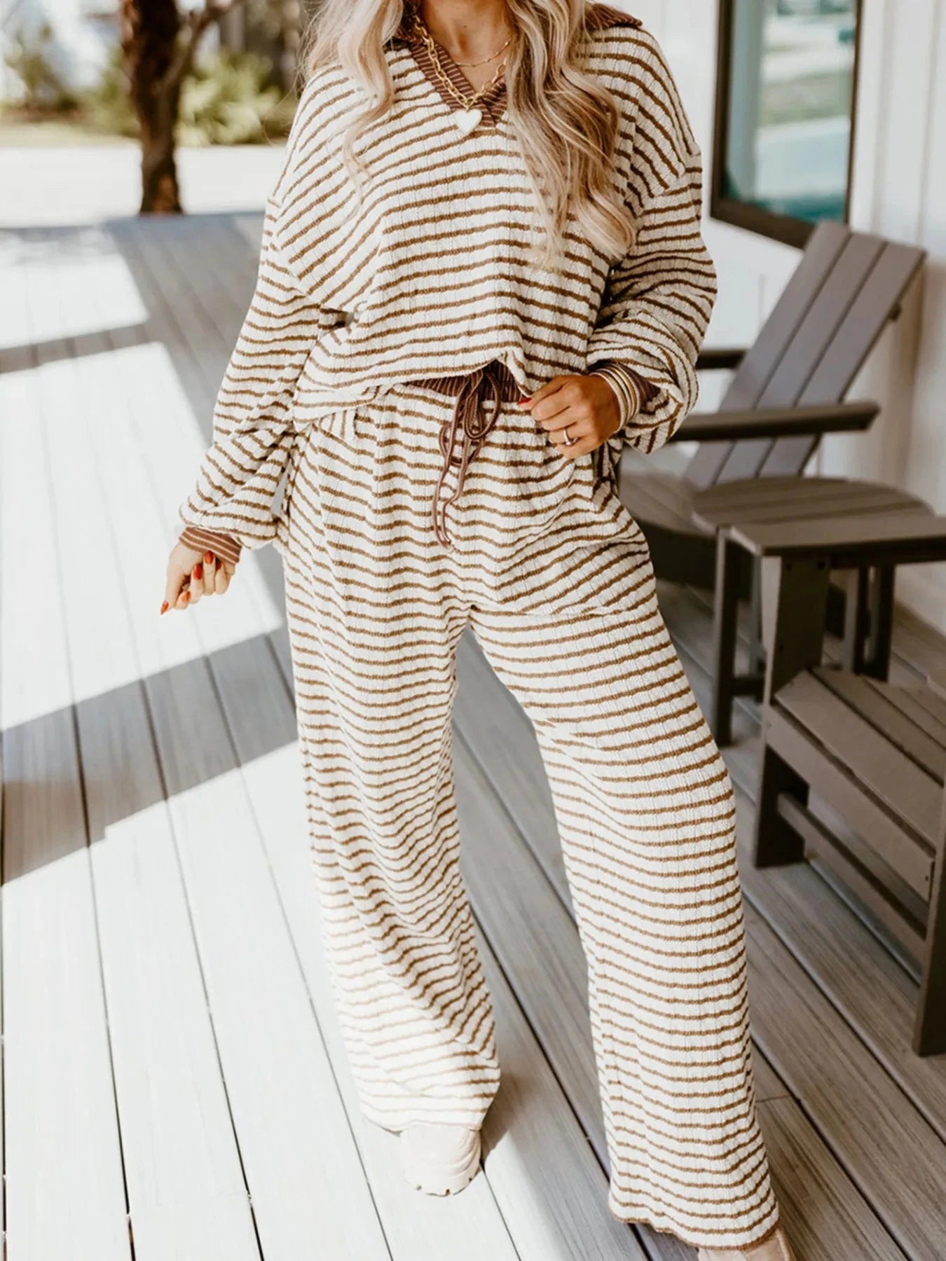Stripe Collared Top and Drawstring Pant Set Khaki Stripe / S